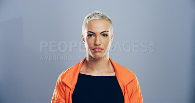 Buy stock photo Woman, portrait and creative professional in studio, serious for career with pride and confidence. Business, about us and opportunity or growth for designer isolated on blue background  by space