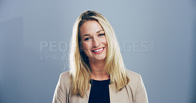 Buy stock photo Portrait, space and teacher with woman in studio for development, education or teaching. College, aesthetic and university with confident person on gray background mockup for academic curriculum