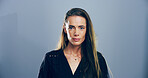 Publisher, professional and portrait of woman in studio for freelance career, editing and journalism. Mockup space, business and isolated person for news agency, publishing and job on gray background