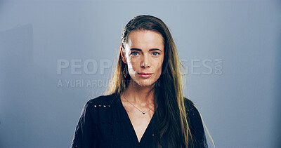 Buy stock photo Publisher, professional and portrait of woman in studio for freelance career, editing and journalism. Mockup space, business and isolated person for news agency, publishing and job on gray background