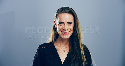 Buy stock photo Portrait, journalist and creative business woman in studio, writer and reporter isolated on gray background. Face, smile and confident person, professional and space for career opportunity in Germany