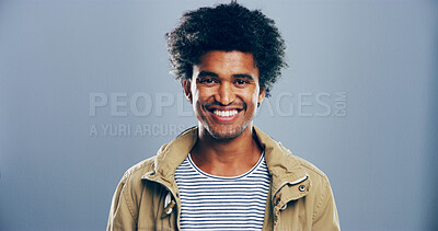 Buy stock photo Smile, creative and portrait of African man in studio with mockup space, confidence or university registration. Pride, id card or gen z student in college candidate recruitment on gray background