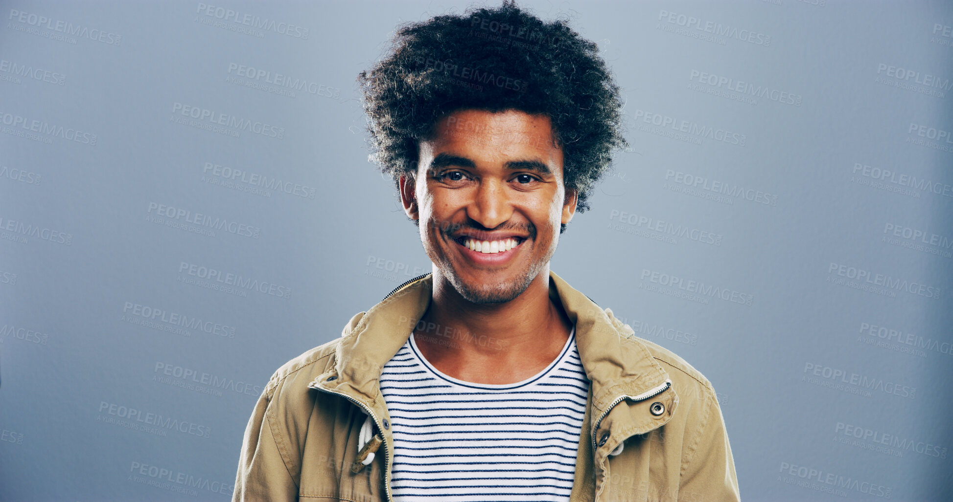 Buy stock photo Smile, creative and portrait of African man in studio with mockup space, confidence or university registration. Pride, id card or gen z student in college candidate recruitment on gray background