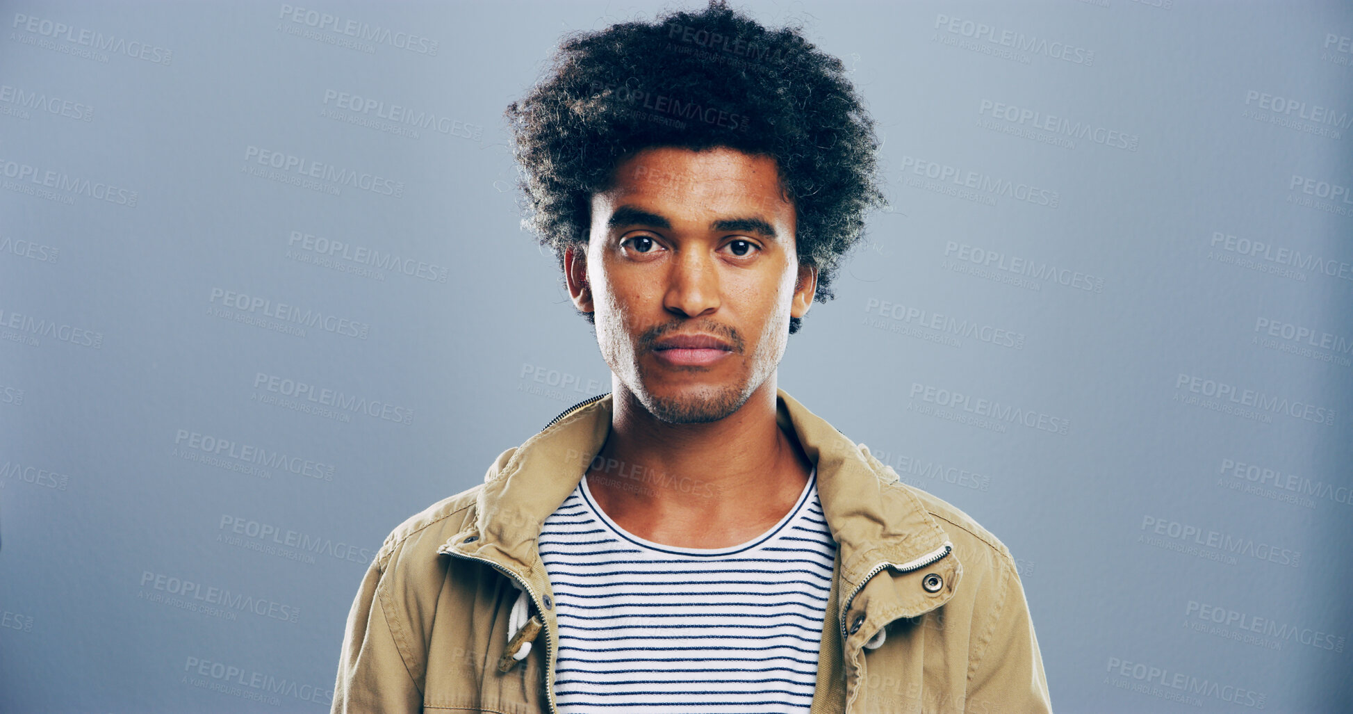 Buy stock photo Portrait, space and student with African man in studio space for development, education or learning. College, scholarship or university with person on gray background mockup for academic curriculum