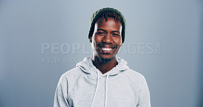 Buy stock photo Black man, student and portrait in studio with smile, education ambition and fun opportunity. University scholarship, ID card and person on gray background space for registration process and happy