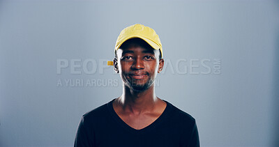 Buy stock photo Casual, student or portrait of black man in studio for skill development, college education or learning. Model, confident and African person on grey background mockup space for school scholarship 