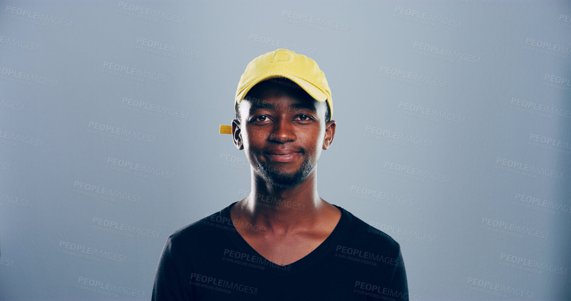 Buy stock photo Casual, student or portrait of black man in studio for skill development, college education or learning. Model, confident and African person on grey background mockup space for school scholarship 