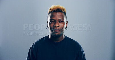 Buy stock photo Punk, student or portrait of black man in studio for skill development, college education or learning. Edgy rocker, confident or cool person isolated on grey background mockup for school scholarship