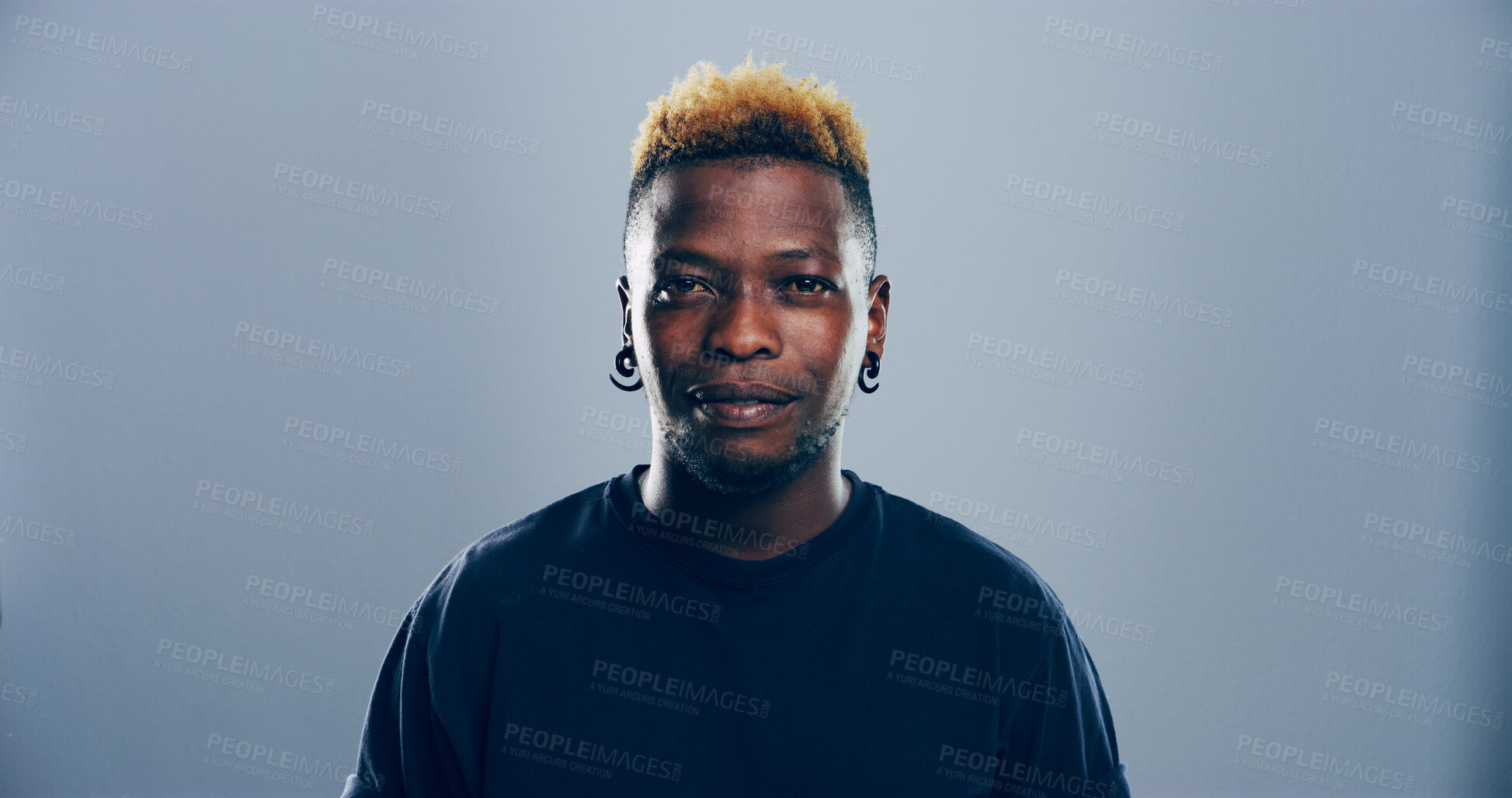 Buy stock photo Punk, student or portrait of black man in studio for skill development, college education or learning. Edgy rocker, confident or cool person isolated on grey background mockup for school scholarship