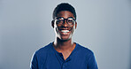 Smile, space and portrait of black man in studio with mockup, confidence or university registration. Opportunity, identity card or gen z student in college candidate recruitment on gray background