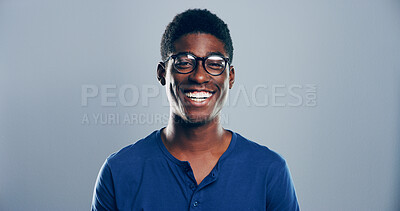 Buy stock photo Smile, space and portrait of black man in studio with mockup, confidence or university registration. Opportunity, identity card or gen z student in college candidate recruitment on gray background