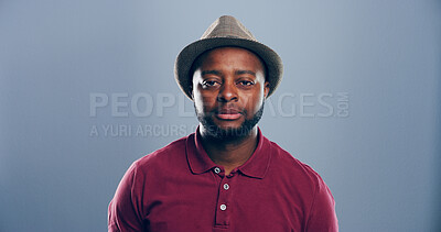 Buy stock photo African man, portrait and creative professional in studio, serious for career with pride and confidence. Business, about us and opportunity or growth as copywriter on blue background by space