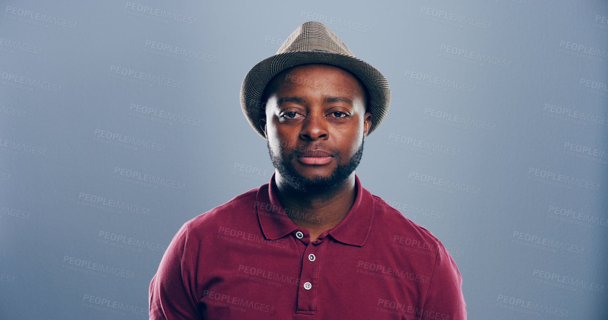 Buy stock photo African man, portrait and creative professional in studio, serious for career with pride and confidence. Business, about us and opportunity or growth as copywriter on blue background by space