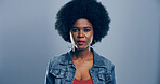 African woman, portrait and creative professional in studio, serious for career with pride and confidence. Business, about us and opportunity or growth as content writer on blue background by space