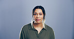 Publisher, worker and portrait of woman in studio for freelance career, editing and journalism. Mockup space, professional and isolated person for news agency, publishing and job on gray background