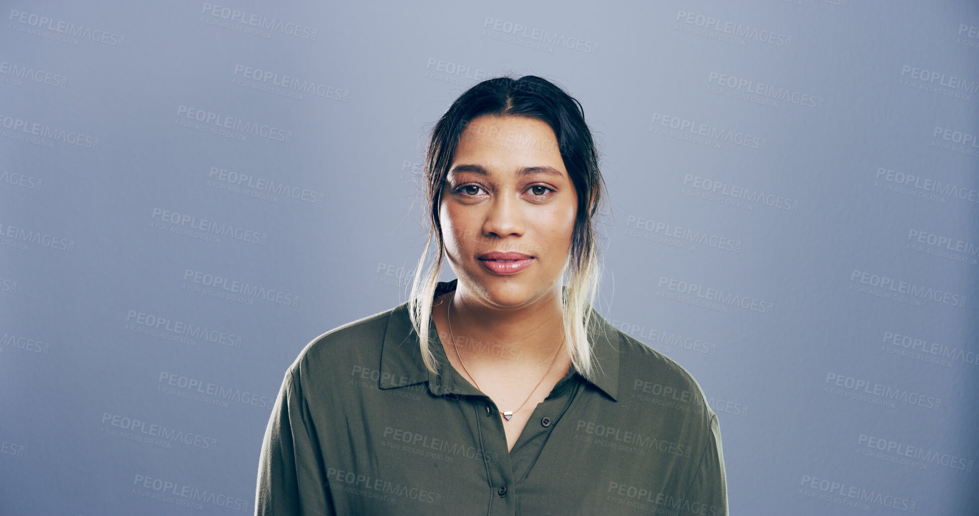 Buy stock photo Publisher, worker and portrait of woman in studio for freelance career, editing and journalism. Mockup space, professional and isolated person for news agency, publishing and job on gray background