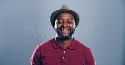Buy stock photo Smile, musician and portrait of black man in studio for jazz singer, record producer and creative. Confidence, happiness and artist with male person on blue background for mockup space and pride