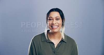 Buy stock photo Portrait, space and creative business woman, writer and news reporter isolated on gray background. Face, smile and confident person, professional and journalist with career opportunity in Portugal