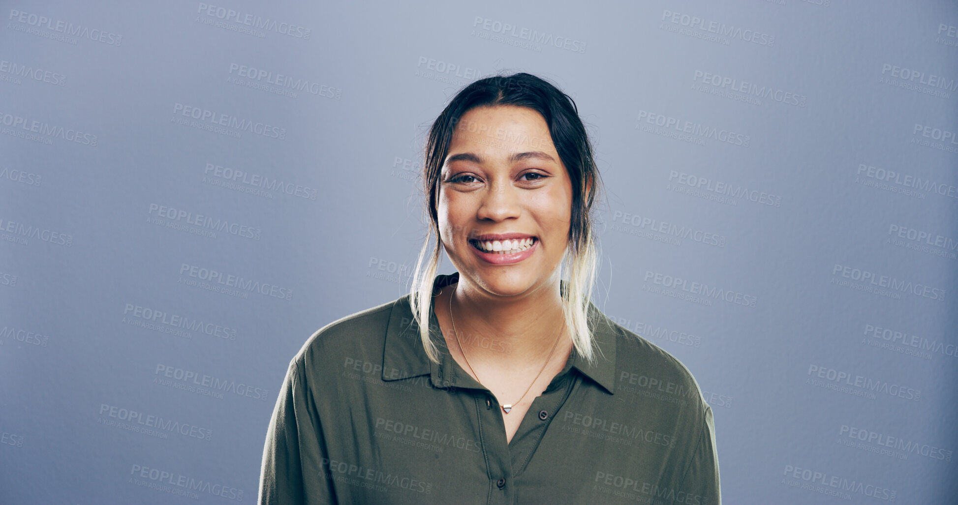 Buy stock photo Portrait, space and creative business woman, writer and news reporter isolated on gray background. Face, smile and confident person, professional and journalist with career opportunity in Portugal