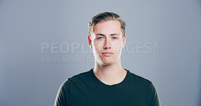 Buy stock photo Portrait, space and student with model in studio for development, education or learning. College, scholarship and university with confident man on gray background mockup for academic curriculum