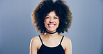Smile, creative and portrait of woman in studio with mockup space, confidence or university registration. Opportunity, artist or gen z student girl in college candidate recruitment on gray background