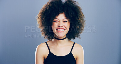 Buy stock photo Smile, creative and portrait of woman in studio with mockup space, confidence or university registration. Afro, trendy artist or excited gen z girl in college candidate recruitment on gray background