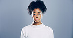 Portrait, space and student with black woman in studio for development, education or learning. College, scholarship or university with african person on gray background mockup for academic curriculum