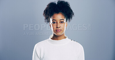 Buy stock photo Portrait, space and student with black woman in studio for development, education or learning. College, scholarship or university with African person on gray background mockup for academic curriculum