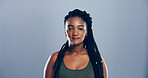 Space, pride and portrait of black woman with creative career for freelance job at magazine. Smile, confident and face of African female copywriter with professional publishing by gray background.