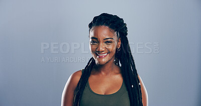 Buy stock photo Smile, creative and portrait of African woman in studio with mockup space, confidence or hair stylist. Opportunity, small business owner or hairdresser with happy face, pride and gray background