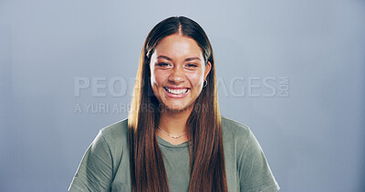 Buy stock photo Creative worker, happy and portrait of woman in studio for freelance career, editing and journalism. Mockup space, media agency and isolated person for news, publisher and job on gray background
