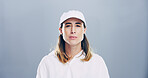 Confident, portrait and woman with space, studio and positive mindset for career growth, creative and business. Gray background, mockup and writer person with freelancer, professional and inspiration
