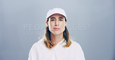 Buy stock photo Confident, portrait and woman with space, studio and positive mindset for career growth, creative and business. Gray background, mockup and writer person with freelancer, professional and inspiration