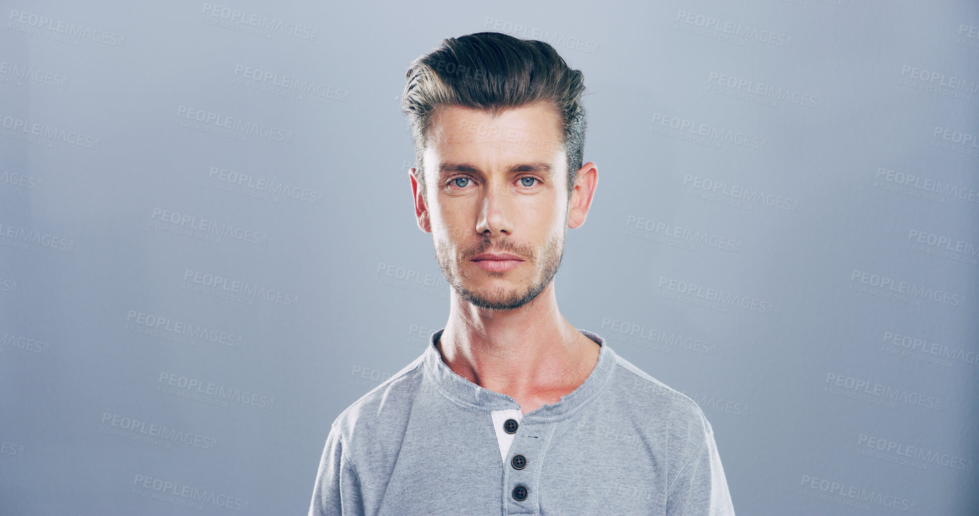 Buy stock photo Confident, serious and portrait of man, studio and graphic designer with ambition for career or freelancer. Mockup space, blue background and calm for web design in creative company, proud and USA