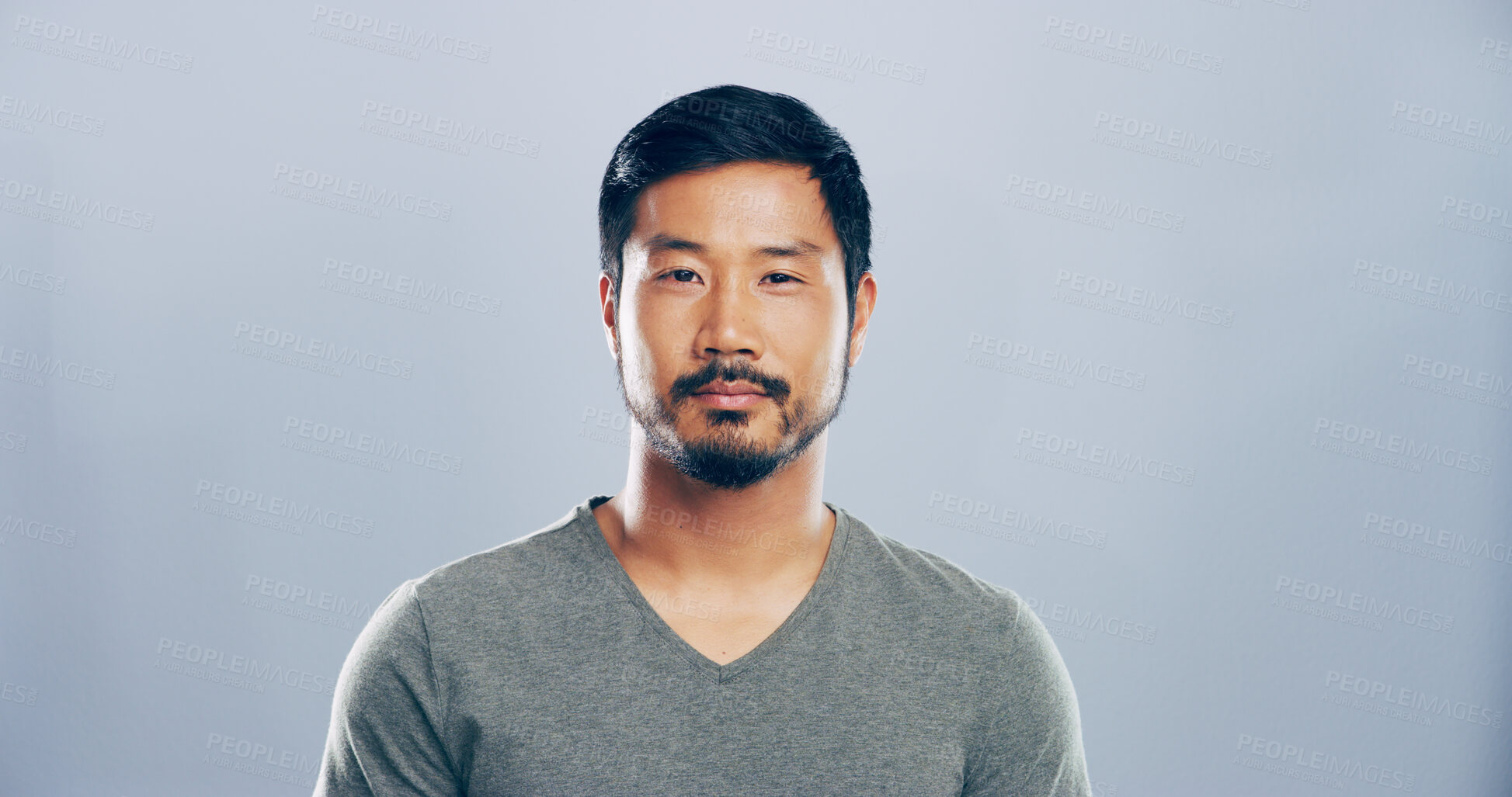 Buy stock photo Portrait, serious and creative Asian man in studio for ambition, career opportunity or pride. Face, confidence and worker, business professional or copywriter on gray background with space in Korea