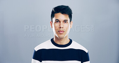 Buy stock photo Portrait, space and confidence with man in studio for development, education or learning. College, scholarship and university with student person on gray background mockup for academic curriculum