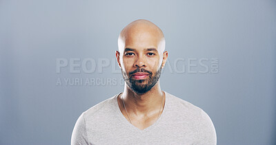 Buy stock photo Portrait, serious and creative man in studio for ambition, career opportunity or pride. Face, confidence and African worker, business professional or copywriter on gray background with space in Ghana