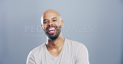 Buy stock photo Portrait, laugh and business man in studio, comedy screenwriter and script author. Face, funny and happy African person, creative professional and excited with space isolated on gray background
