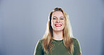 Laughing, student and portrait of woman in studio for college, learning and scholarship. Future, mockup space and happiness with female person on blue background for education, gen z and university