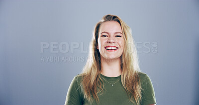 Buy stock photo Laughing, student and portrait of woman in studio for college, learning and scholarship. Future, mockup space and happiness with female person on blue background for education, gen z and university
