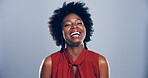 Black woman, portrait and laughing for success in studio, joy for opportunity in creative career or promotion. Happy, space and person excited with comic illustrator or designer on blue background