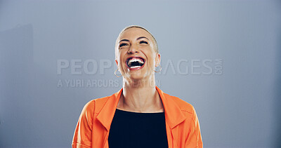 Buy stock photo Crazy, woman and happy for laugh in studio with confidence, joke and good mood on gray background. Space, excited model and smile with fun personality for comedy, humor or funny reaction to meme