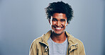 Happy, student and portrait of man on gray background with smile for scholarship, registration and college application. Mockup space, studio and person excited for education, university and school