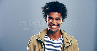 Buy stock photo Happy, student and portrait of man on gray background with smile for scholarship, registration and college application. Mockup space, studio and person excited for education, university and school