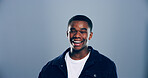 Happy, student and portrait of black man in studio with smile for scholarship, registration and college application. Mockup space, gray background and person for education, university and school