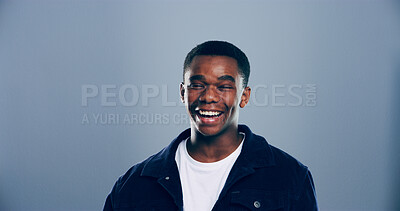 Buy stock photo Happy, student and portrait of black man in studio with smile for scholarship, registration and college application. Mockup space, gray background and person for education, university and school