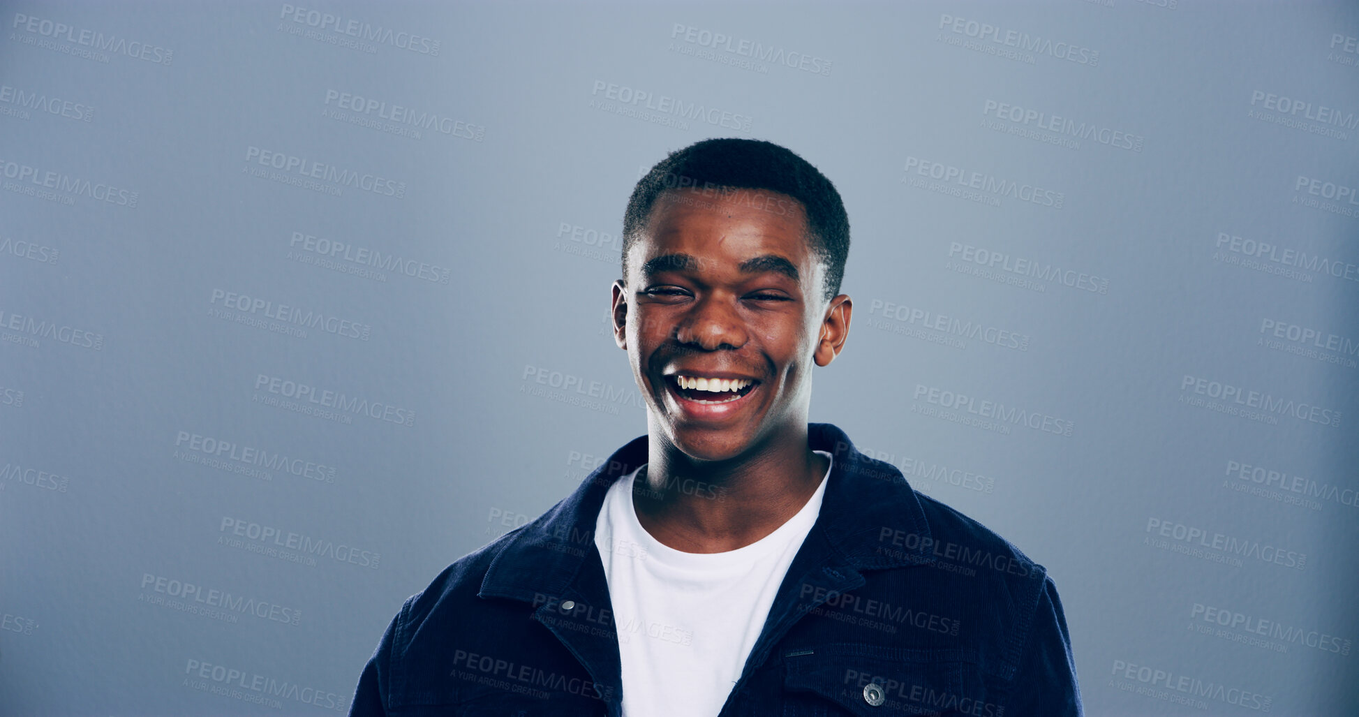 Buy stock photo Happy, student and portrait of black man in studio with smile for scholarship, registration and college application. Mockup space, gray background and person for education, university and school