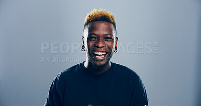 Buy stock photo Portrait, black man and excited for laugh in studio with confidence, joke or good mood on gray background. Space, model and happy with carefree personality for comedy, humor or funny reaction to meme