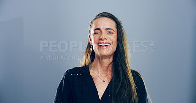 Buy stock photo Portrait, woman and laughing in studio for joke, funny comedy and smile isolated on gray background with space. Face, LOL and female person with humor, excited and happy with comic emotion in USA