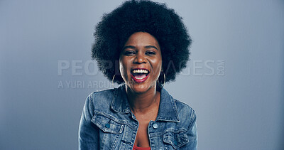 Buy stock photo Portrait, black woman and laughing in studio for funny joke, comedy or happy with space. Face, smile and African person with humor, excited and LOL with comic emotion isolated on gray background